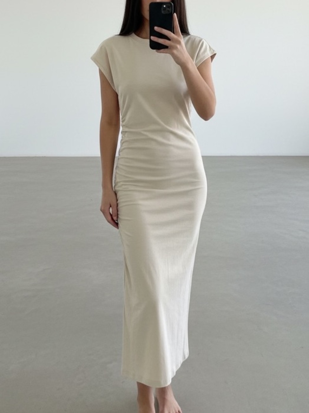Zara Cream Ribbed Ruched Side Maxi Dress Size M